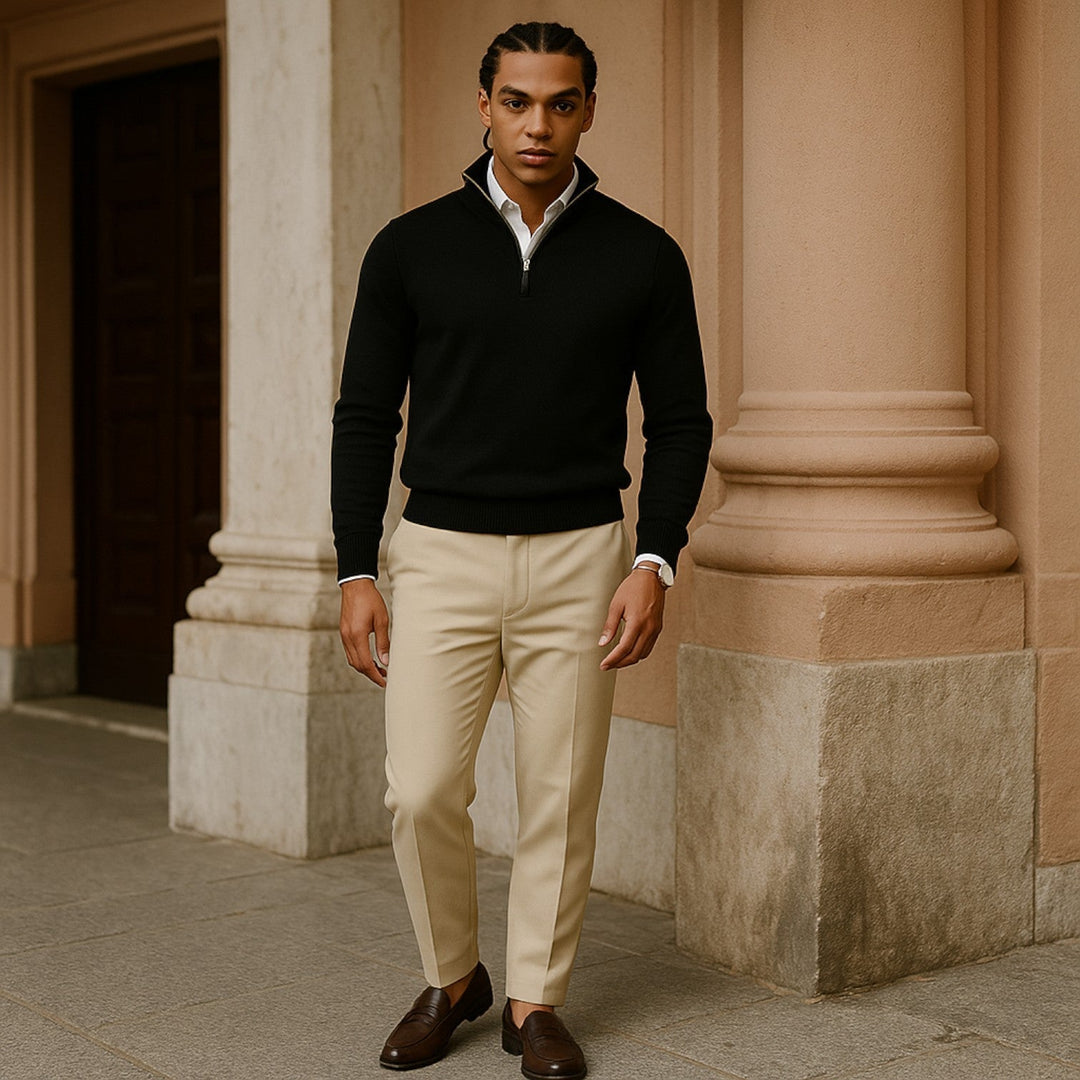 Stylish men's half-zip long-sleeve pullover, perfect for year-round casual and smart casual wear.