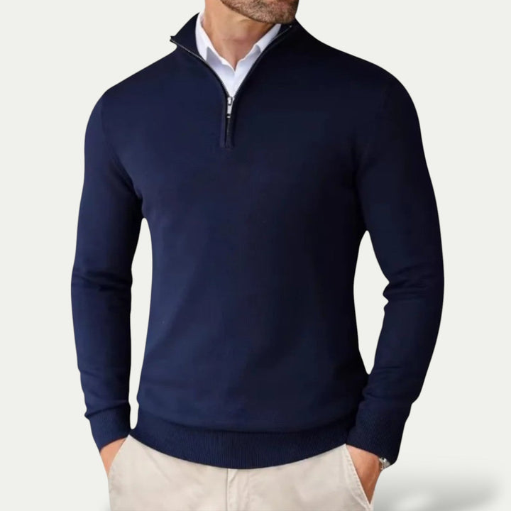 Men's long-sleeve half-zip pullover in a neutral color, ideal for effortless layering fashion.
