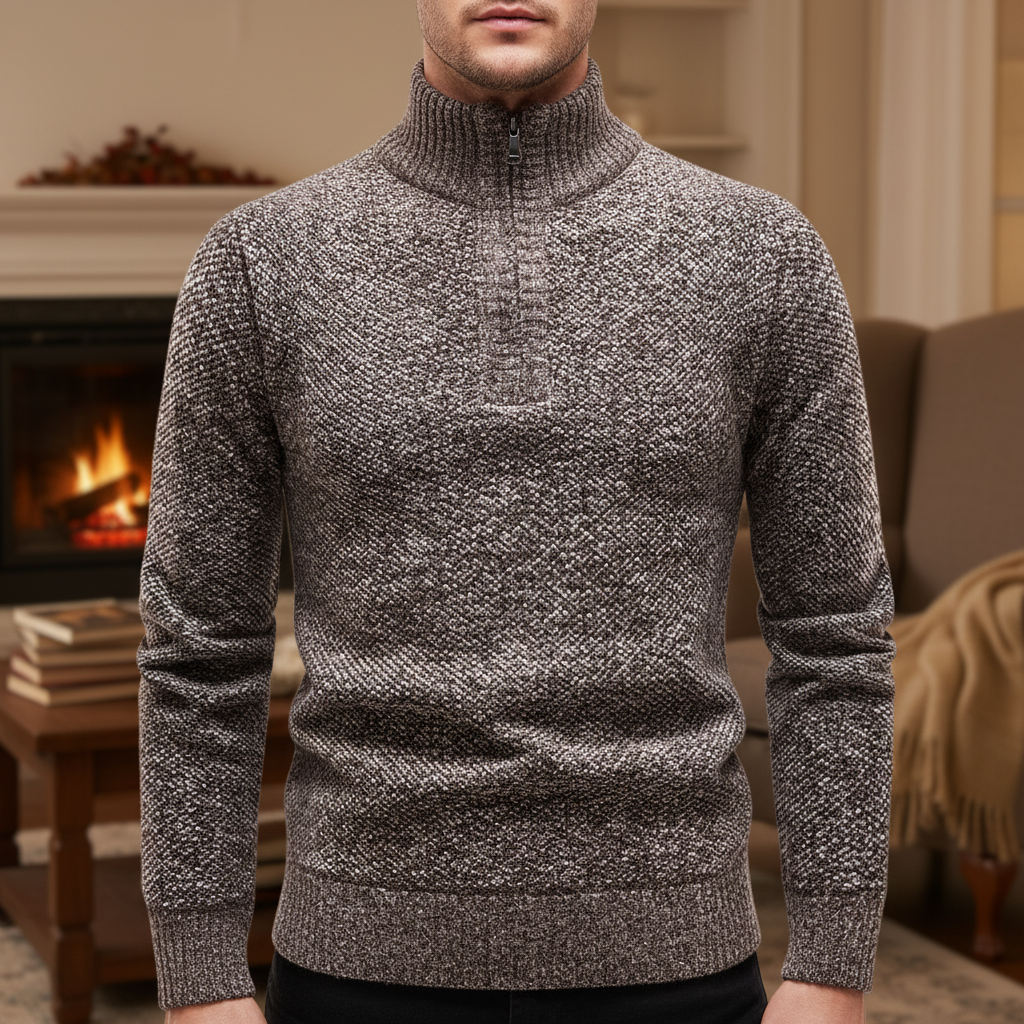 Men's classic half-zip pullover sweater in navy cotton blend, ideal for smart casual winter fashion