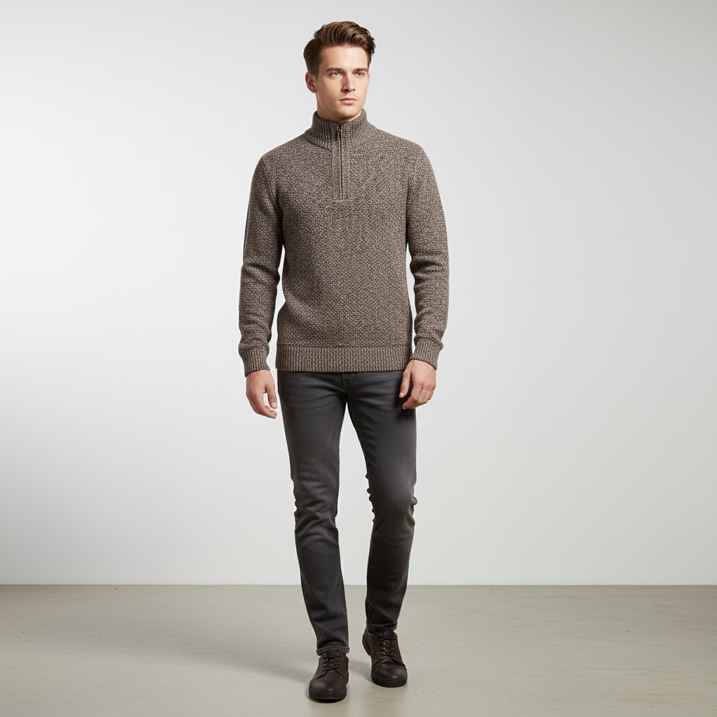 Close-up of men's half-zip pullover sweater, showing stand collar and ribbed cuffs, perfect for layering
