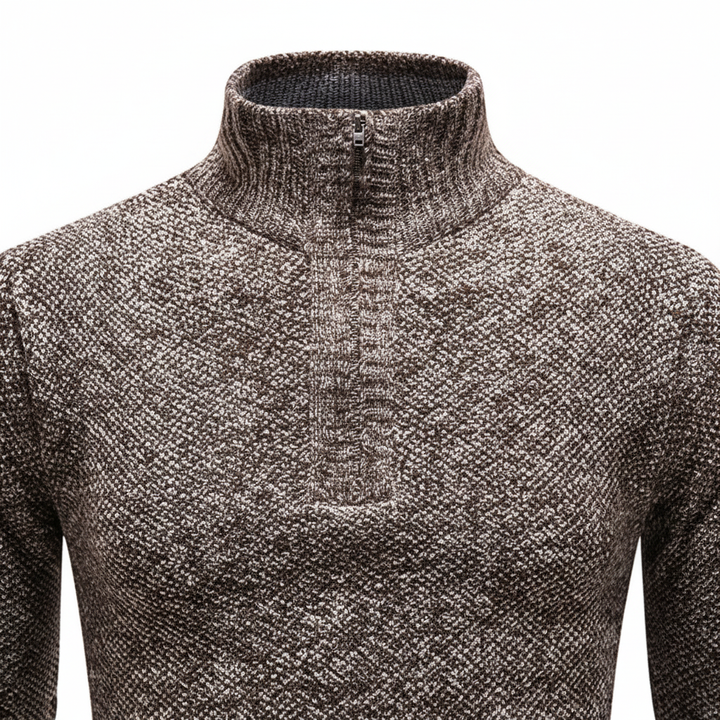 Model wearing men's black half-zip pullover sweater for a comfortable and stylish casual look