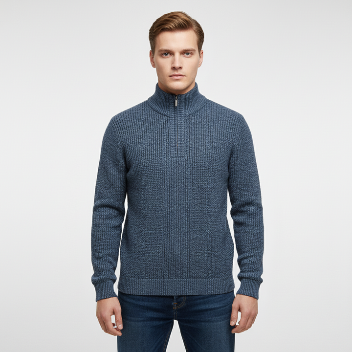 Side view of men's gray half-zip sweater, highlighting its classic fit and winter fashion appeal