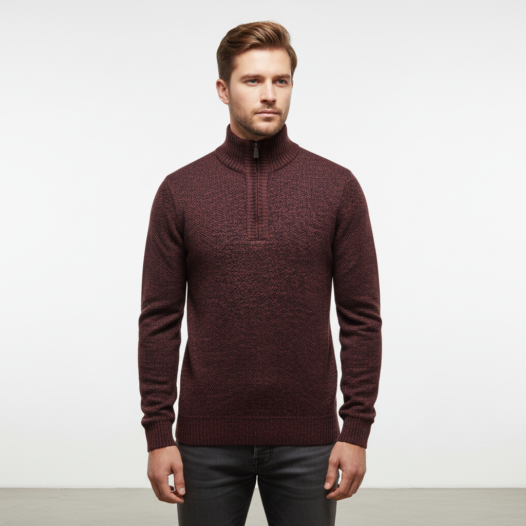 Folded men's half-zip pullover sweater, showcasing the soft cotton blend fabric and quality construction
