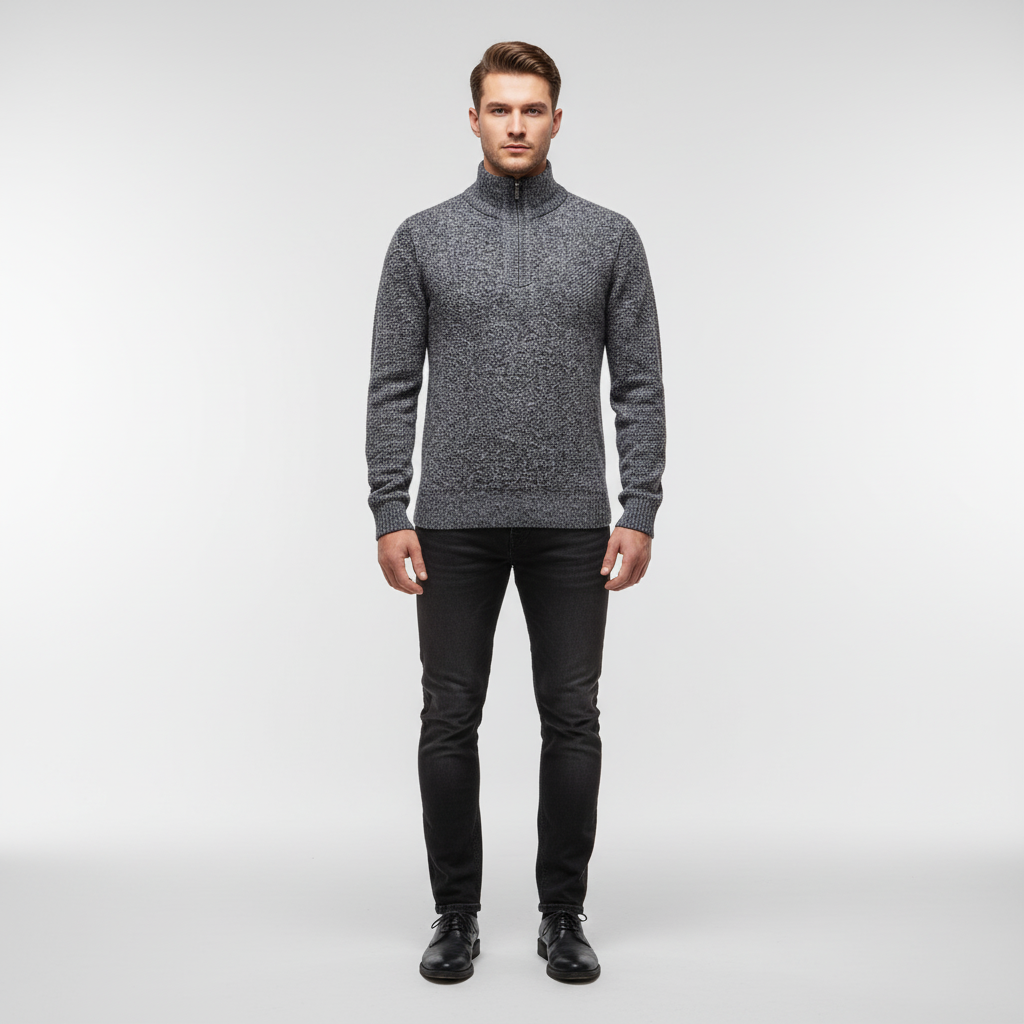 Detail of the zipper and stand collar on a men's classic half-zip pullover, suitable for smart casual