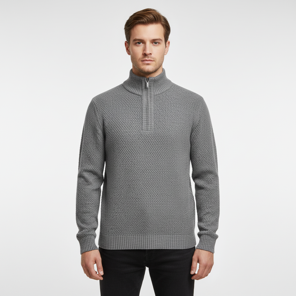 Men's plain half-zip pullover sweater in a neutral color, an essential long-sleeve top for winter