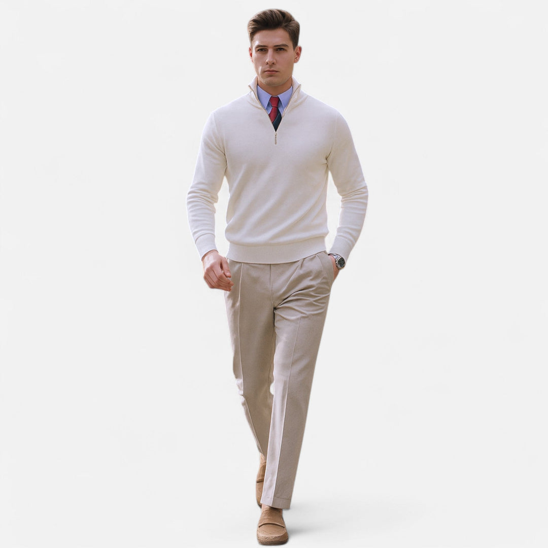 Polished men's half-zip sweater for smart casual outfits. Comfortable long sleeve apparel, great for layering.
