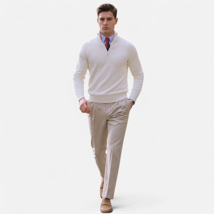 Polished men's half-zip sweater for smart casual outfits. Comfortable long sleeve apparel, great for layering.