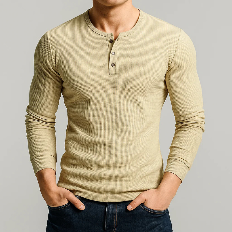 Men's classic Henley long sleeve shirt, perfect for everyday casual wear. Comfortable, tailored fit menswear.