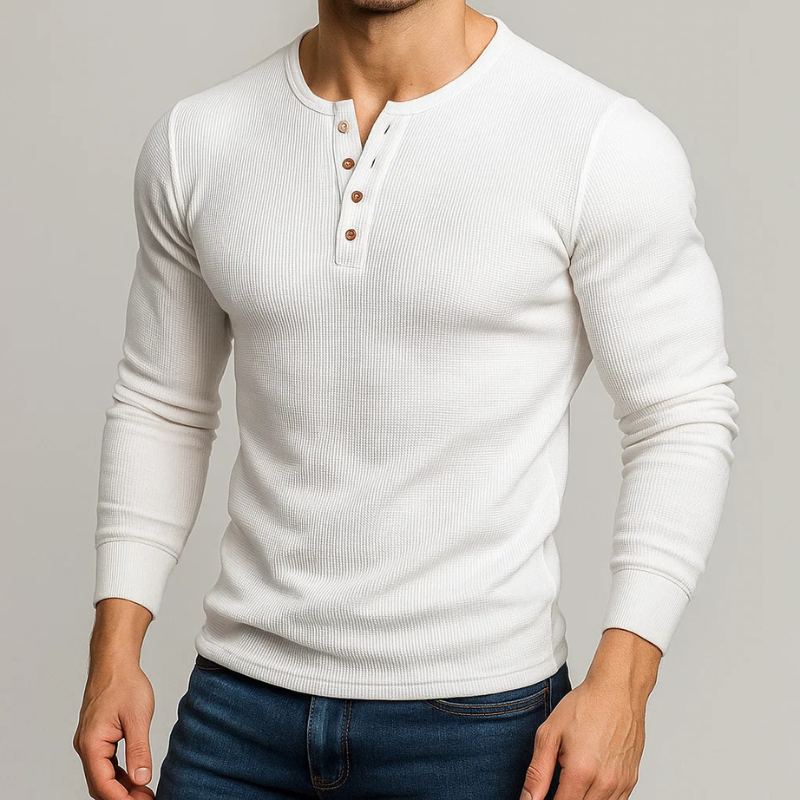 Stylish men's classic Henley long sleeve shirt, great for casual autumn & spring wear. Comfortable and versatile.