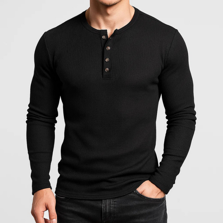 Classic men's Henley long sleeve shirt. Comfortable, casual, and versatile for everyday menswear style.