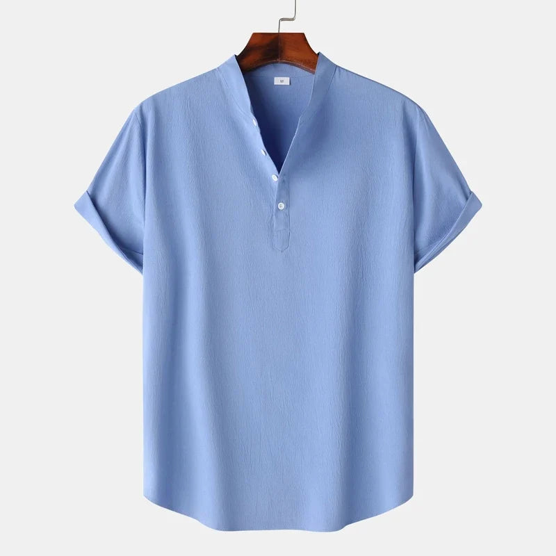 Side view of Men's Henley: Showcasing the relaxed fit & classic style of this versatile casual shirt.