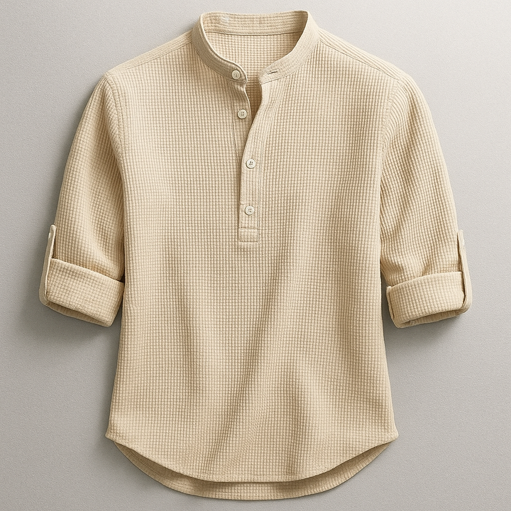 Men's button-front henley shirt, long sleeve. Stylish & versatile for casual wear and layering.