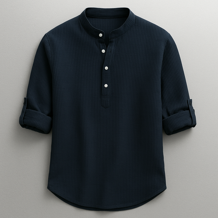 Relaxed fit men's henley shirt, long sleeve. Comfortable & stylish for casual, everyday apparel.