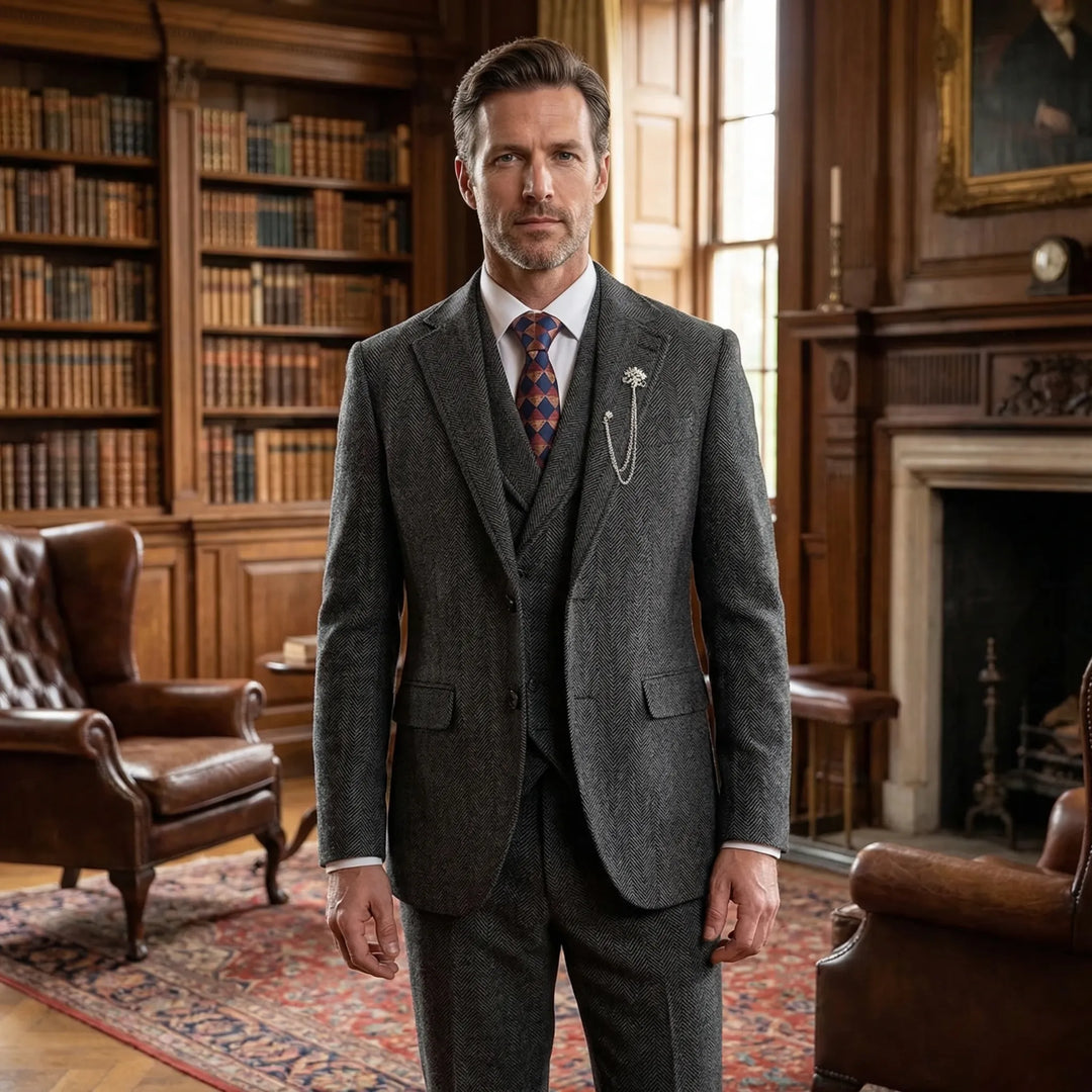 Men's classic herringbone 3-piece suit. Tailored fit for formal wear, business, or wedding.