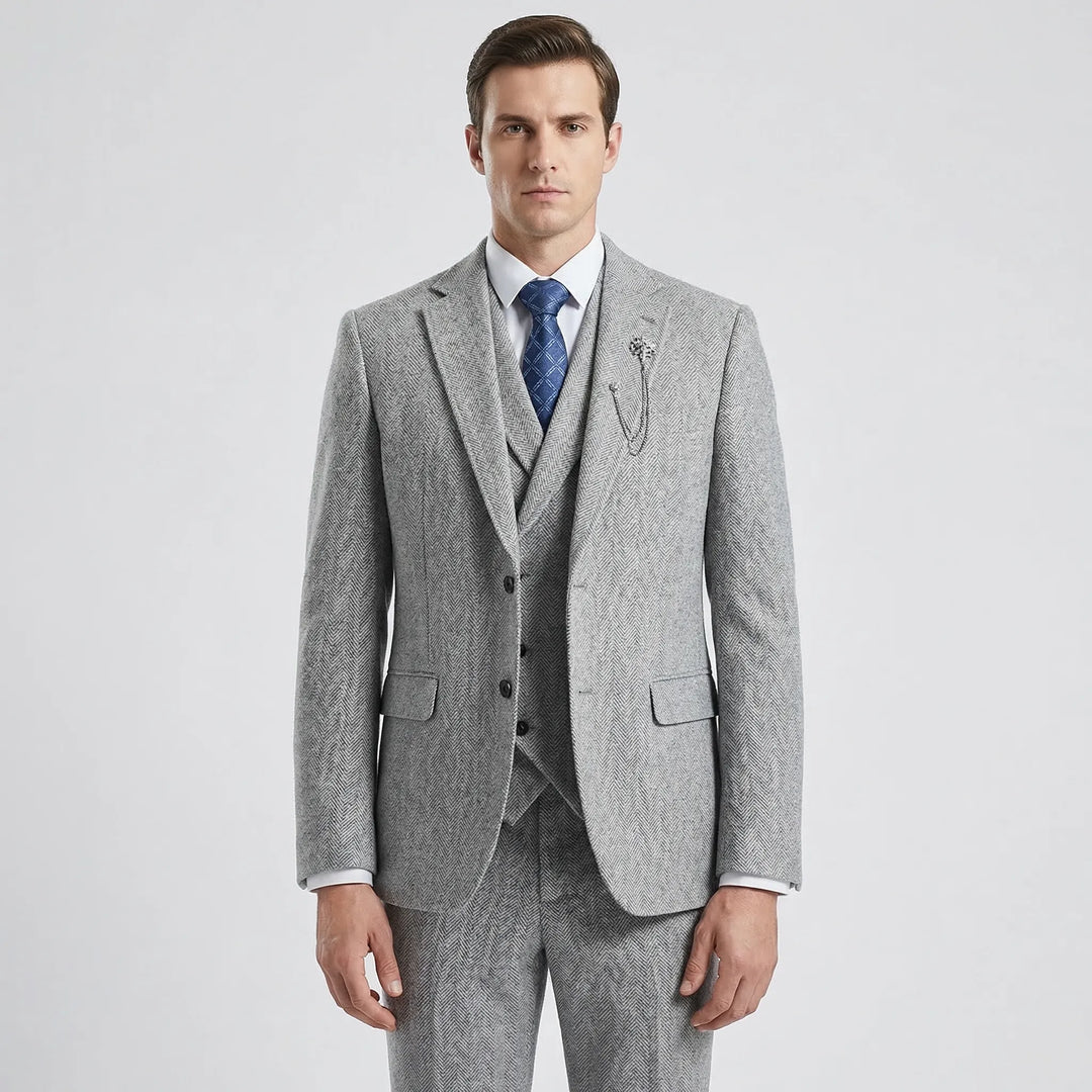 Complete men's 3-piece herringbone suit, a versatile classic style for wedding, business & formal fashion.