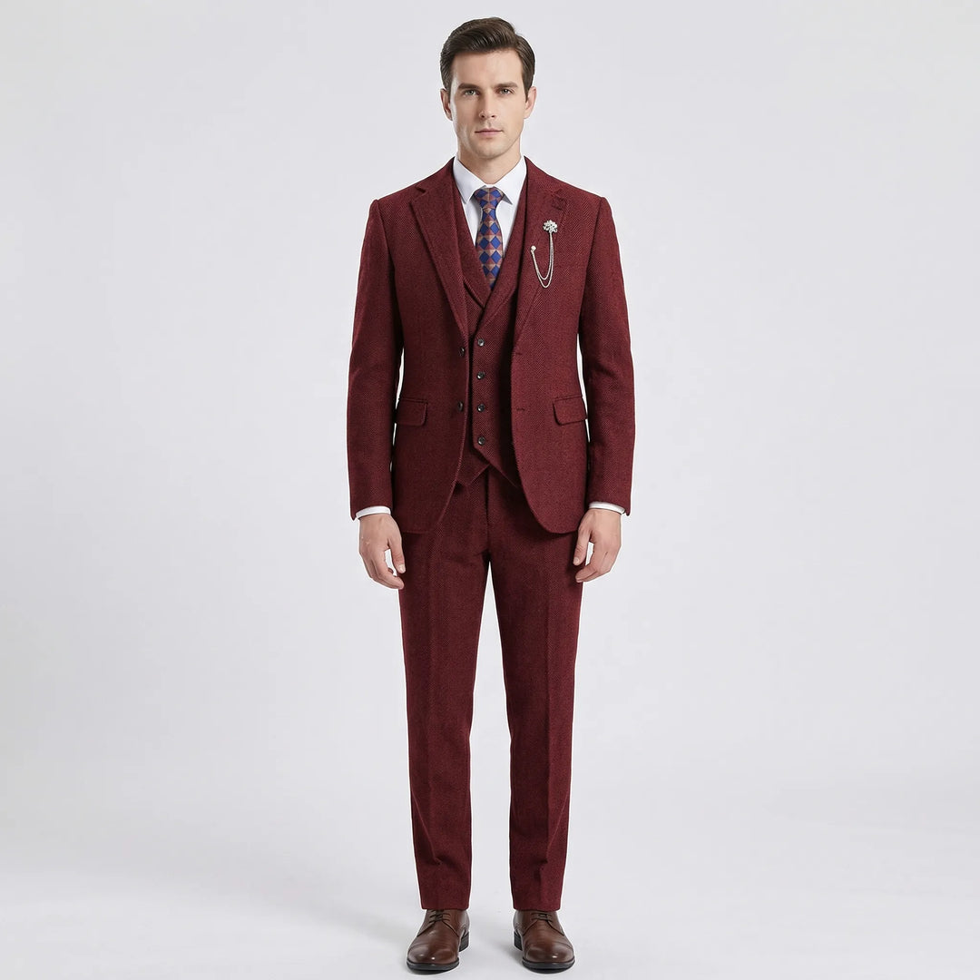 Classic men's herringbone suit jacket, part of a 3-piece formal wear ensemble. Business & wedding ready.