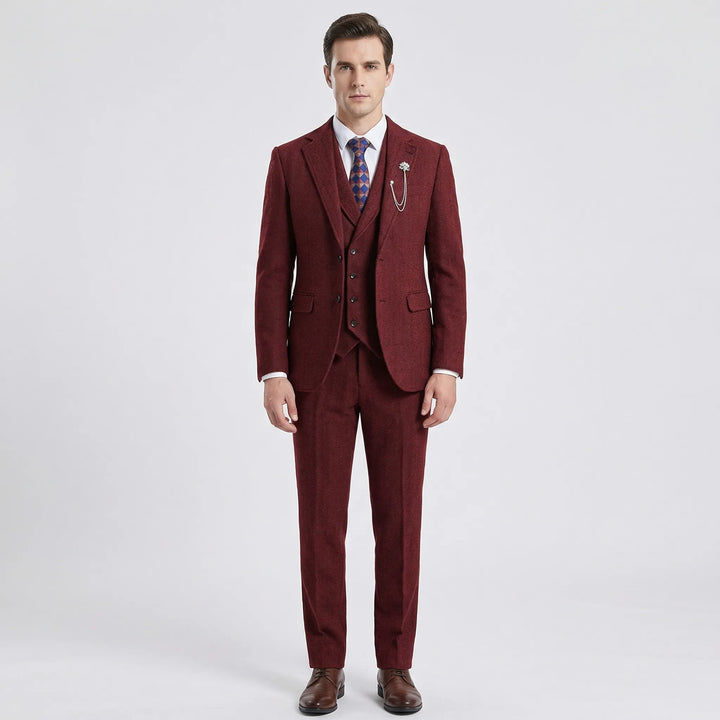 Classic men's herringbone suit jacket, part of a 3-piece formal wear ensemble. Business & wedding ready.