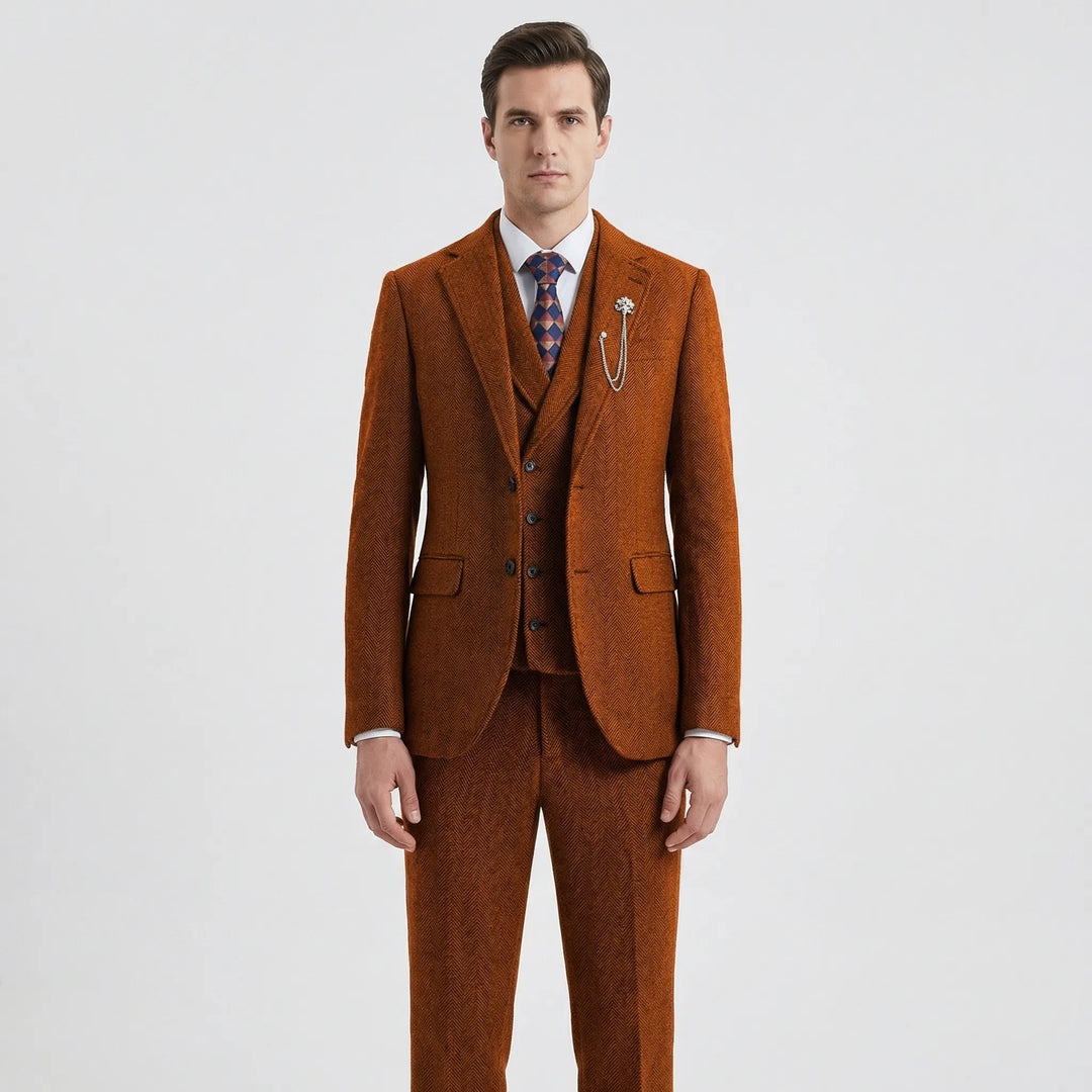 Tailored fit men's herringbone suit pants, completing a sophisticated 3-piece formal and business suit.