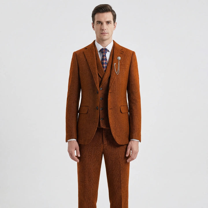 Tailored fit men's herringbone suit pants, completing a sophisticated 3-piece formal and business suit.