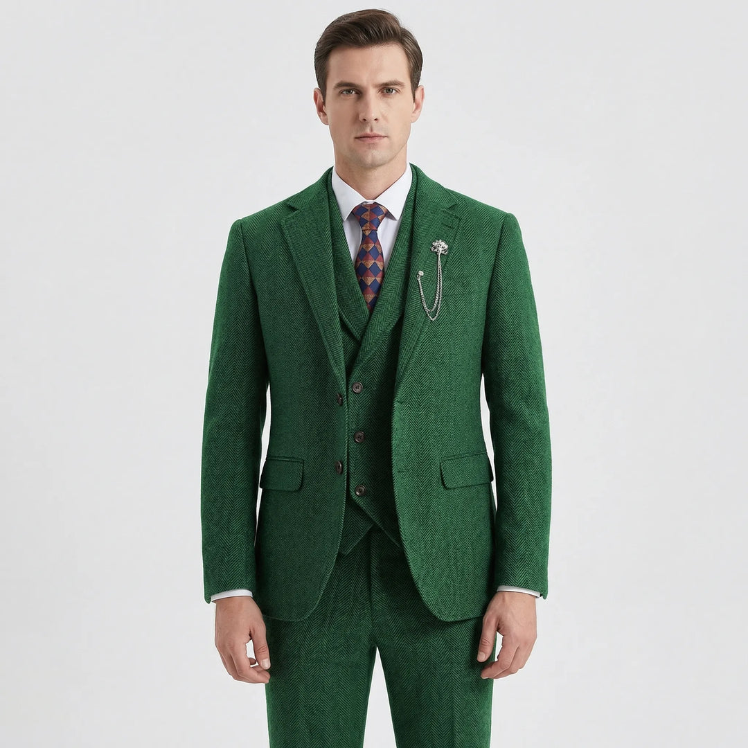 Elegant men's classic herringbone 3-piece suit, a timeless choice for gentlemen's formal wear.