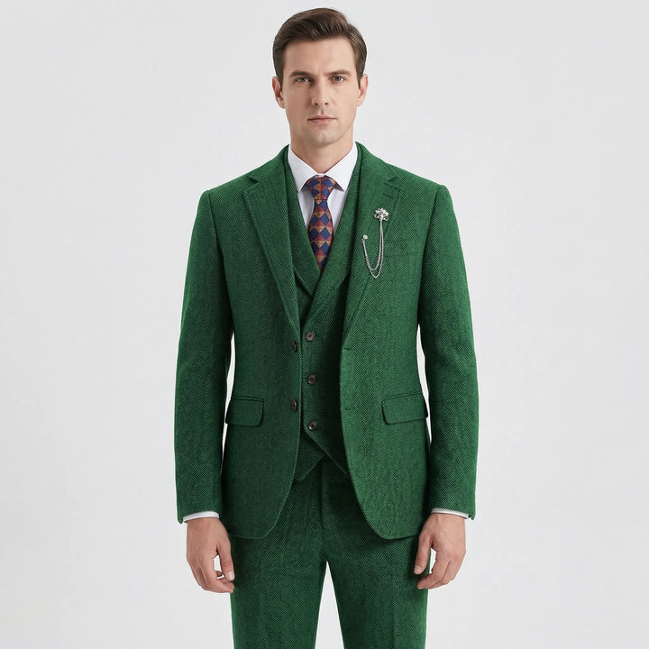 Elegant men's classic herringbone 3-piece suit, a timeless choice for gentlemen's formal wear.