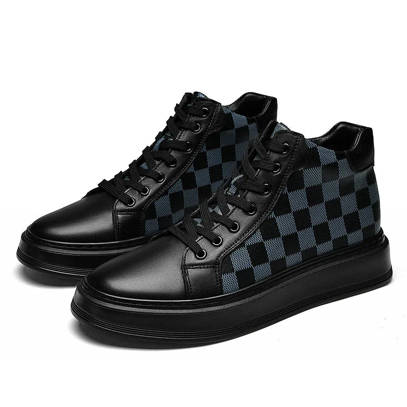 Durable men's high-top checkered shoes, offering comfortable, urban street style.