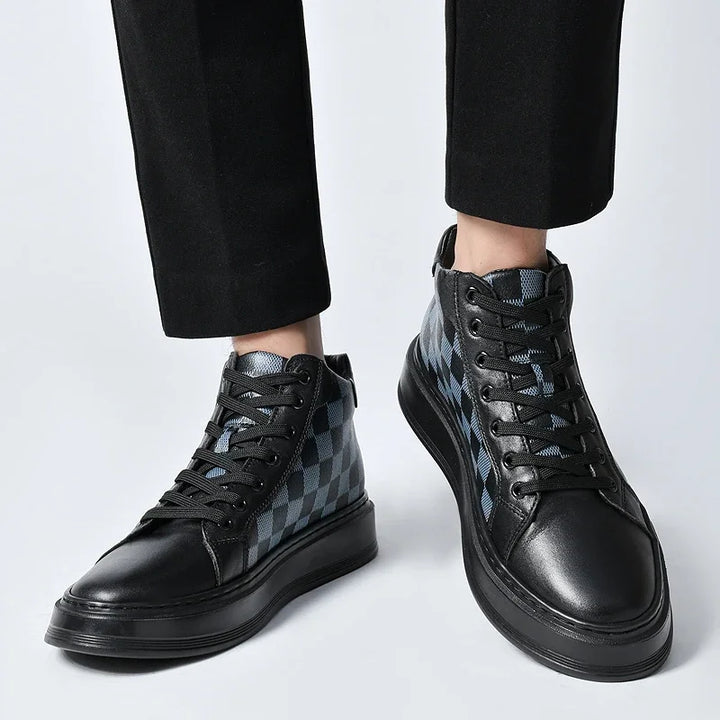 Classic men's high-top shoes with a bold checkered pattern, perfect for street style.