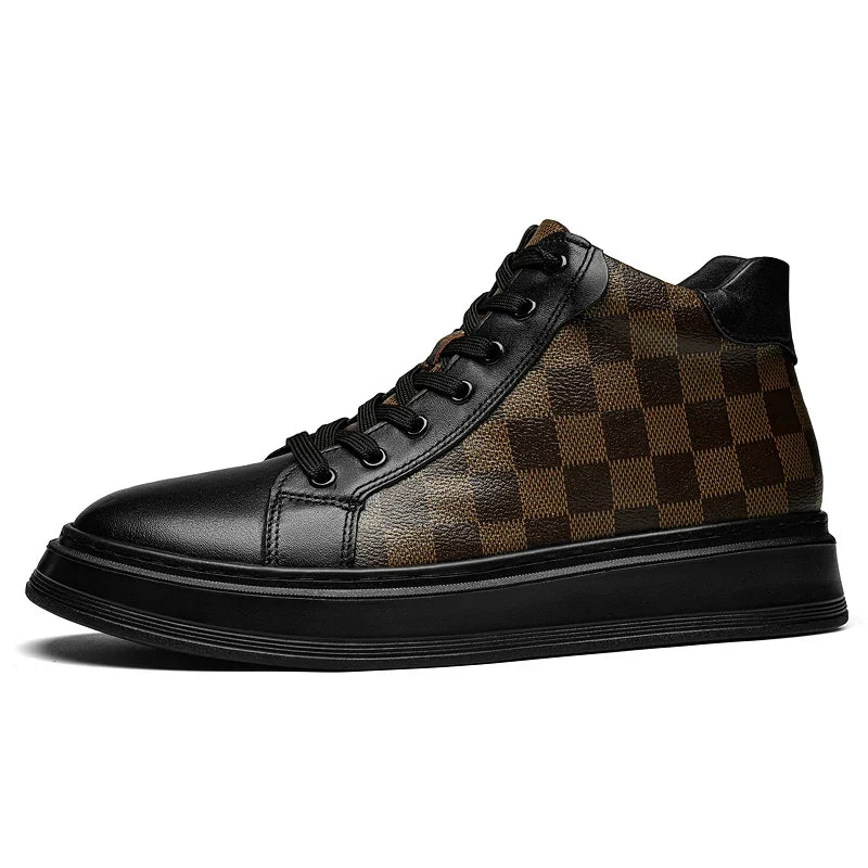 Statement men's high-top checkered shoes, offering comfortable and stylish urban fashion footwear.