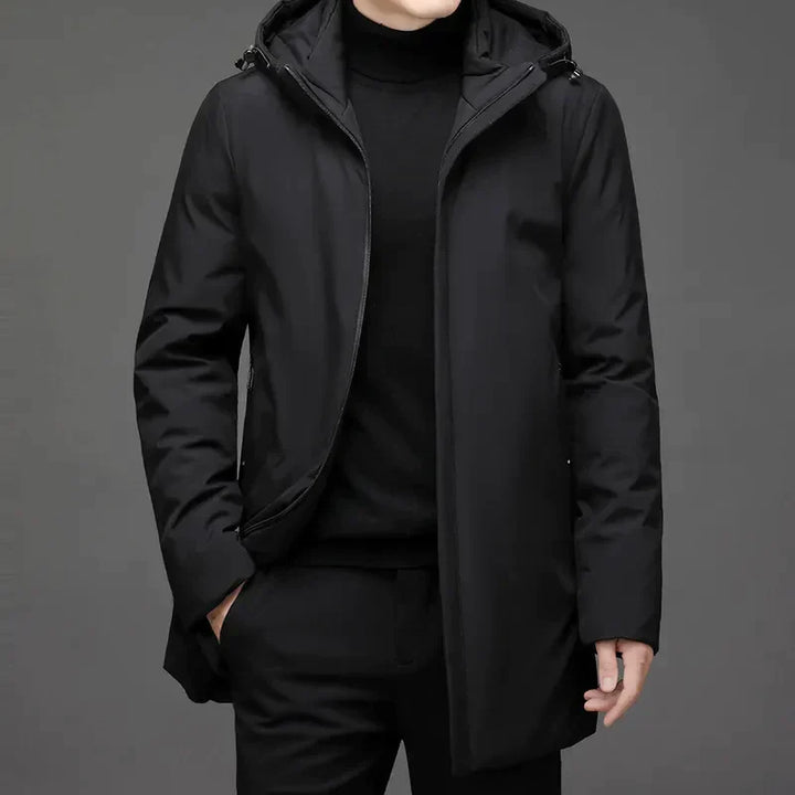 Warm men's hooded winter jacket, perfect for cold weather. Classic style insulated outerwear with front zip.