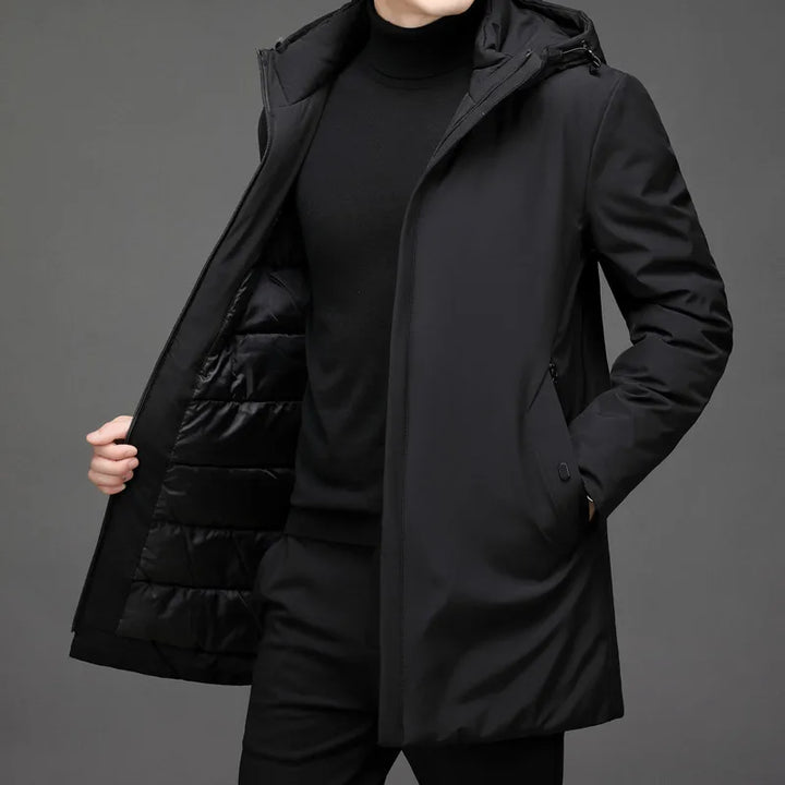 Insulated men's hooded winter jacket "Victor" in classic style, designed for ultimate warmth in cold weather.
