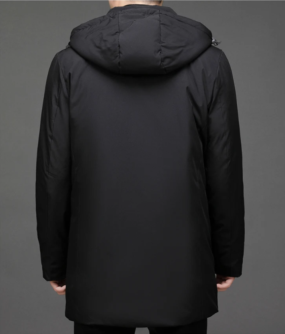 Men's classic black hooded winter jacket with front zip, providing superior warmth & comfort in cold conditions.