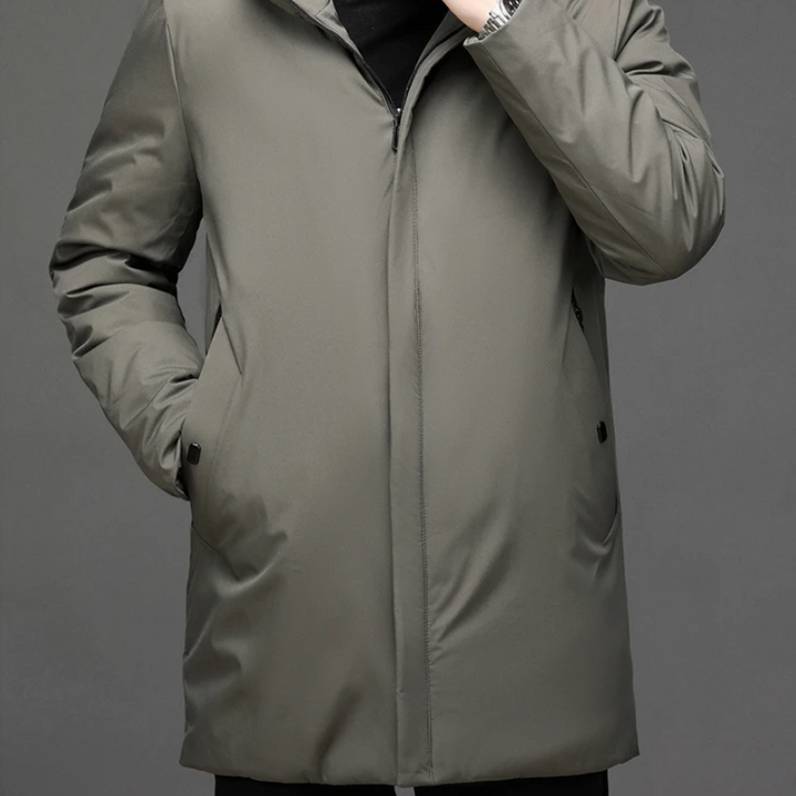 Classic men's hooded winter jacket with full front zip, ideal for stylish warmth and cold weather protection.