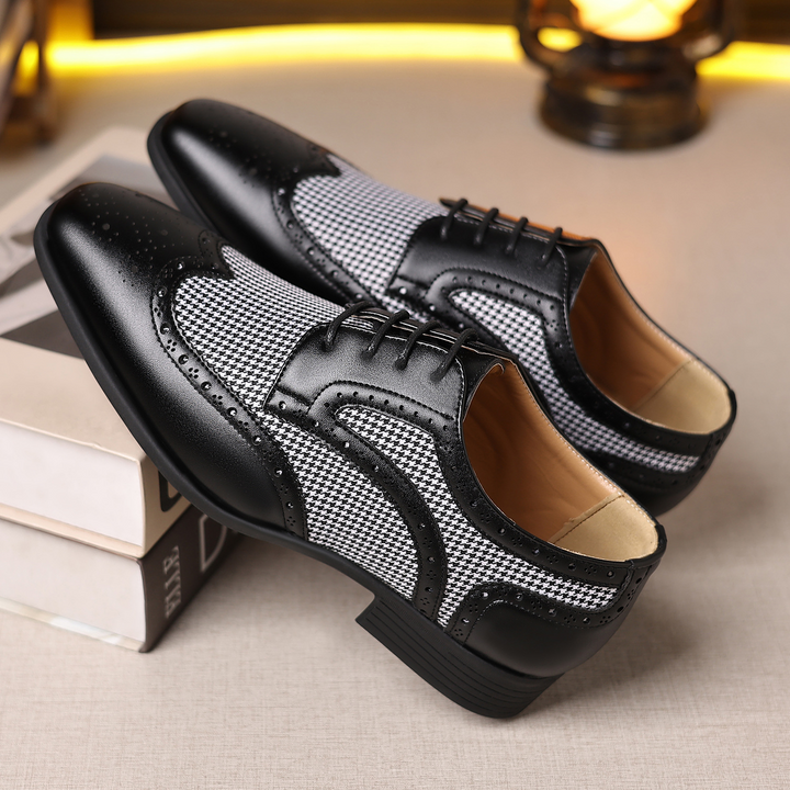 Men's classic houndstooth dress shoes. Stylish wingtip brogues for formal & business casual wear.