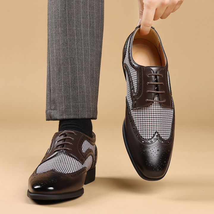 Men's fashion-forward houndstooth wingtip brogue dress shoes, designed for ultimate style & comfort.