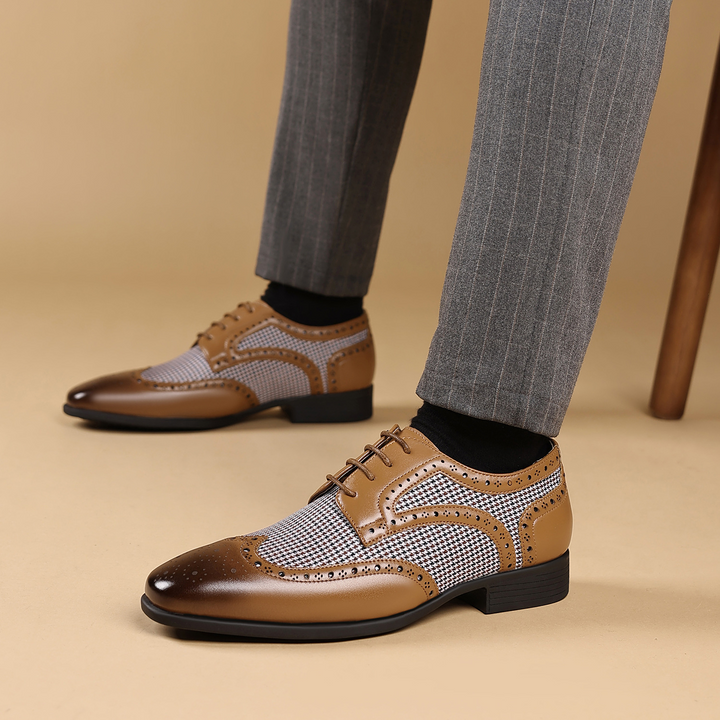 Men's formal houndstooth dress shoes. Wingtip brogue style for an elevated, sophisticated fashion statement.