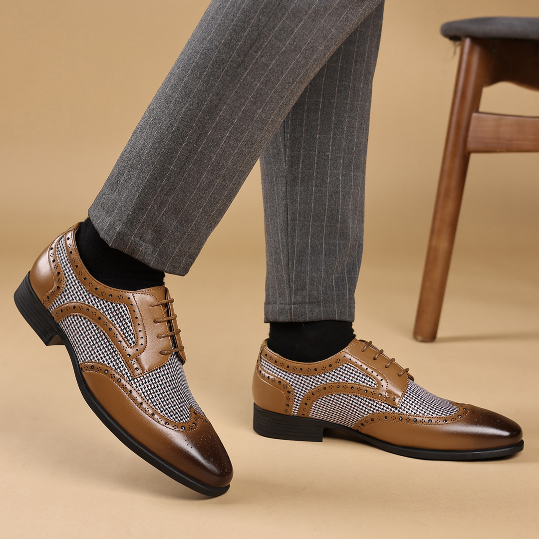 Comfortable men's business casual shoes: classic houndstooth pattern, modern wingtip and brogue design.