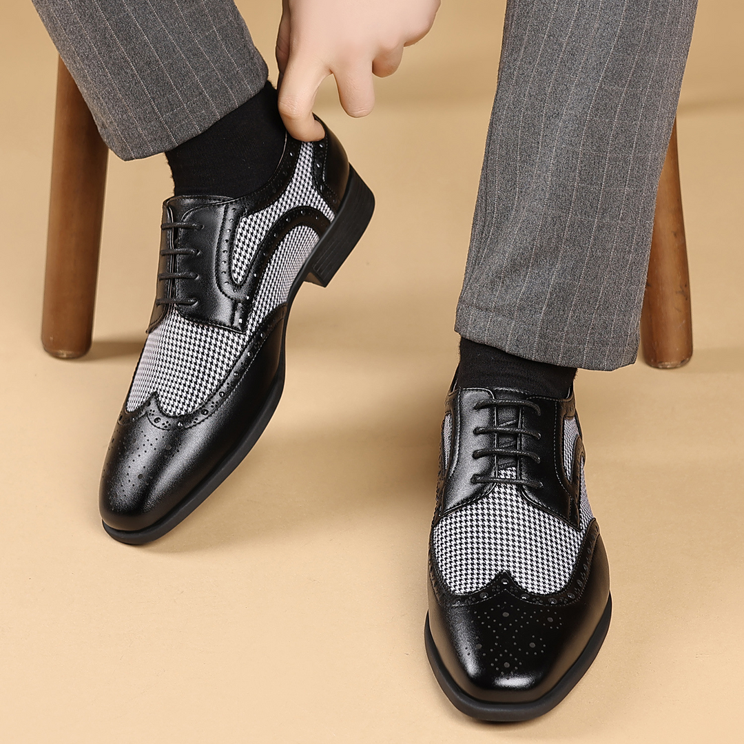 Comfortable men's houndstooth wingtip brogue shoes, ideal for elevated everyday wear & fashion.