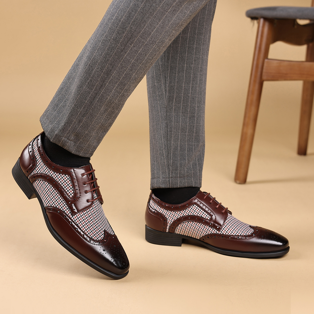 Front view of men's fashionable houndstooth dress shoes, a timeless choice for business casual.