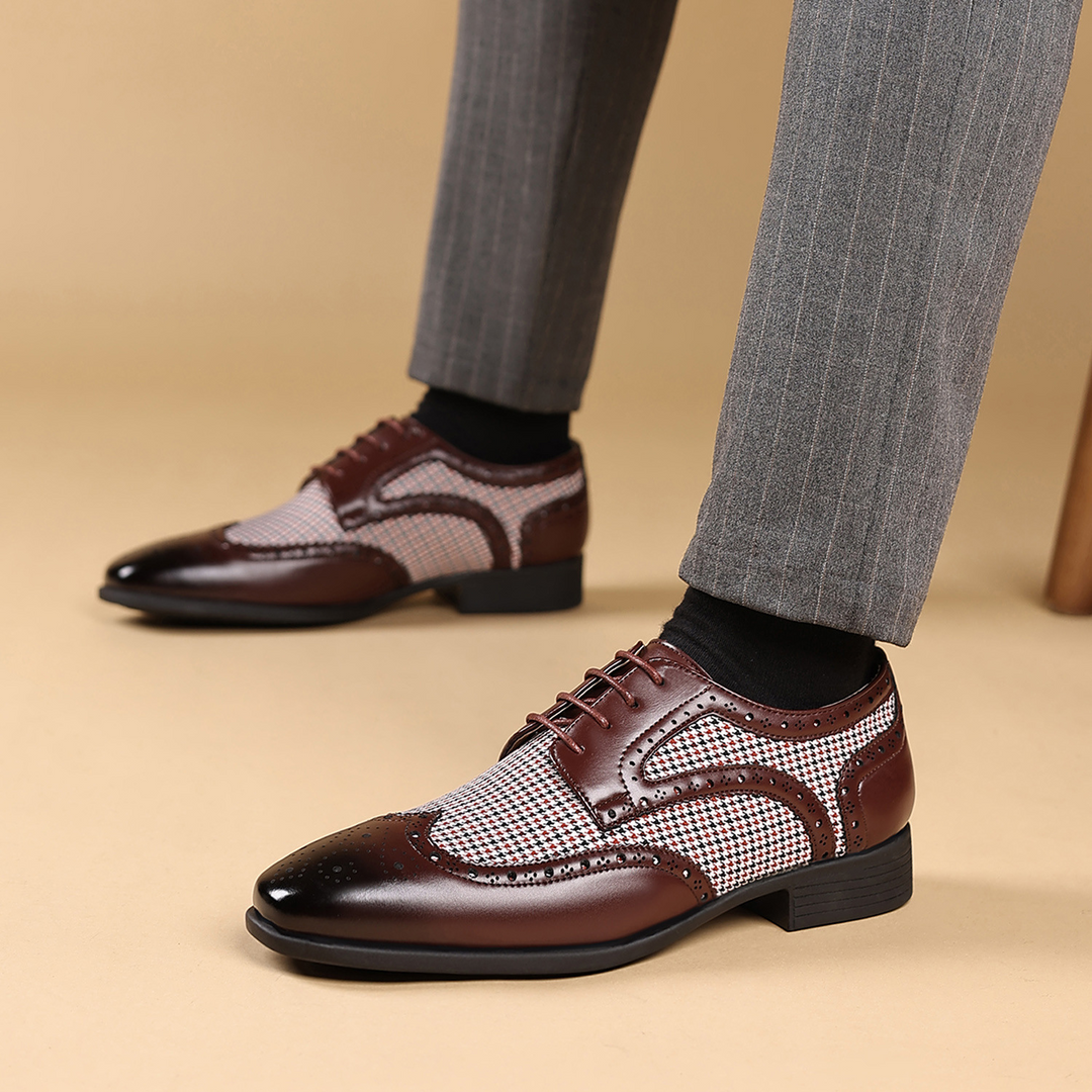 Men's wingtip brogues in a classic houndstooth pattern. Comfortable formal shoes for modern style.