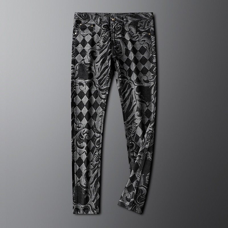 Front view of men's stretch indigo jeans, showcasing classic style & comfortable fit.
