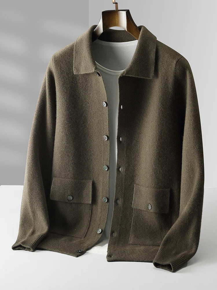 Everyday men's classic knit cardigan in soft platinum. Comfortable, button-front design with a classic polo collar.