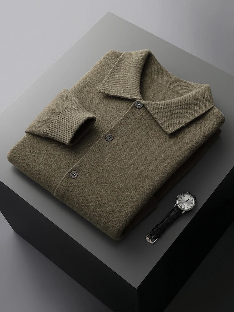 Men's classic knit cardigan sweater in charcoal gray. Polo collar, button-front for a comfortable, versatile look.