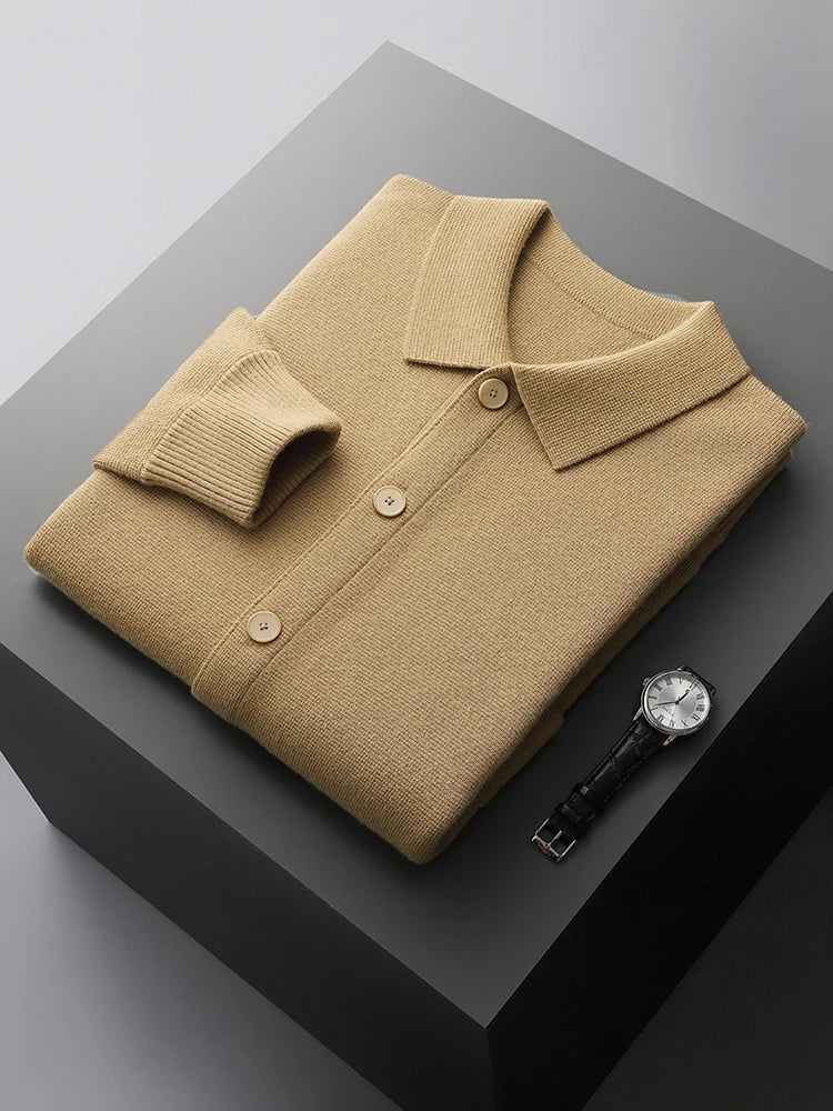 Comfortable men's knit cardigan in charcoal gray. Classic button-front, polo collar, perfect for everyday layering.