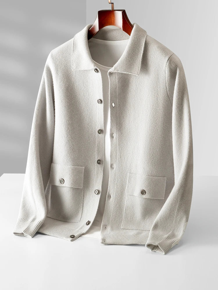 Full view of a men's classic knit cardigan in soft platinum, featuring a polo collar and button-front design.