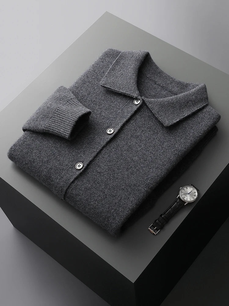 Stylish men's classic knit cardigan sweater in sandstone beige. Versatile, relaxed fit, polo collar, button-front.