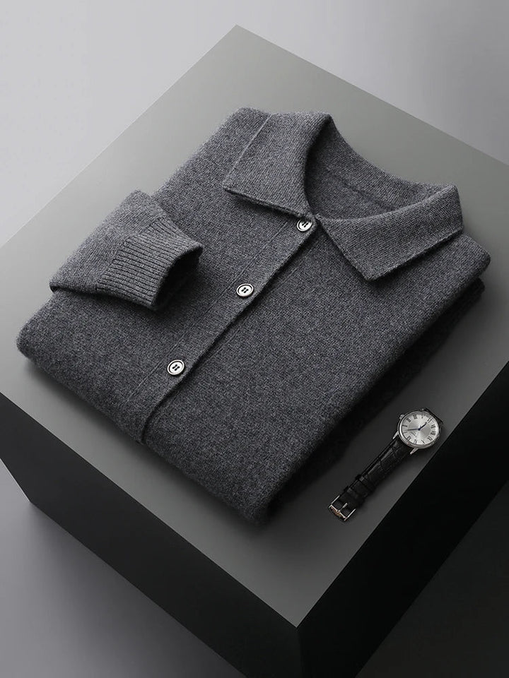 Stylish men's classic knit cardigan sweater in sandstone beige. Versatile, relaxed fit, polo collar, button-front.