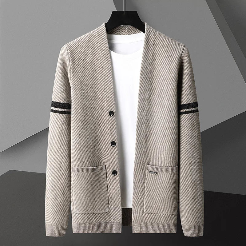 Men's classic knit cardigan with stylish stripe detail. Versatile fall & winter layer for a sophisticated look.