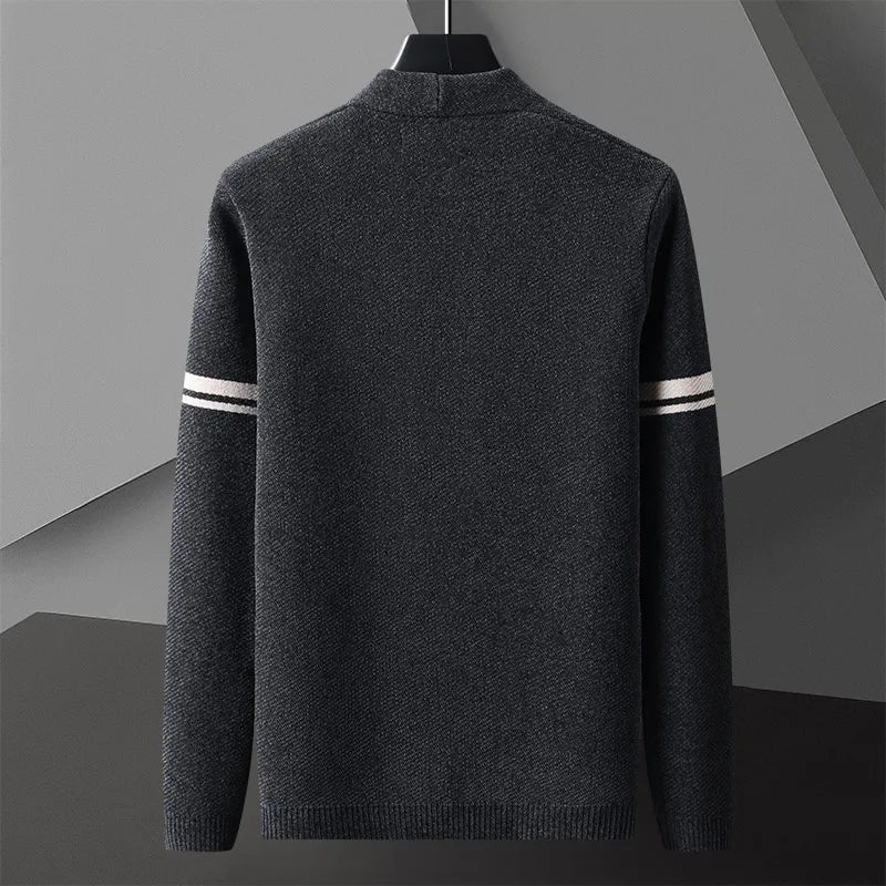 Khaki men's knit cardigan, classic style with subtle stripe detail. Perfect for sophisticated casual fall wear.