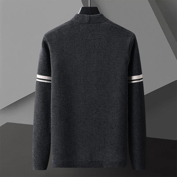 Khaki men's knit cardigan, classic style with subtle stripe detail. Perfect for sophisticated casual fall wear.