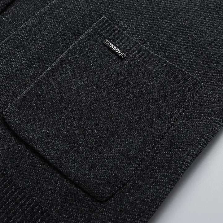 Black men's knit cardigan with classic stripe. Sophisticated and warm for essential winter wear & fall fashion.